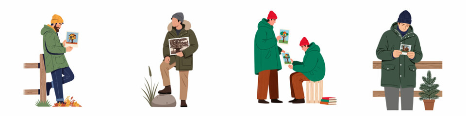 Set of vector illustrations featuring men in winter parkas and beanies looking at photos of houses and treehouses in various outdoor settings. © Abu