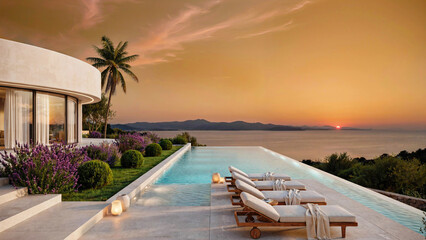 Fototapeta premium Luxury villa with infinity pool and breathtaking golden sunset ocean view