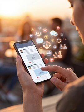 Man using smartphone with social media icons floating above screen outdoors