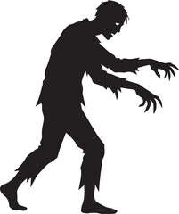Fototapeta premium Zombie silhouette displays a terrifying creature with tattered clothing and reaching claw-like hands.