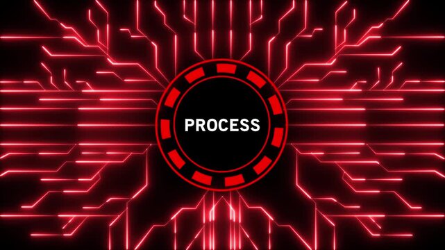 Elaborate red luminous circuit board structure with a central circular emblem showcasing the white text PROCES in clear capital letters on a deep dark background