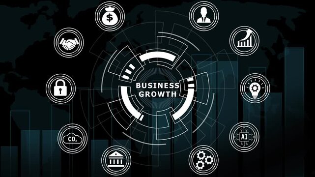 Business growth digital hud interface with financial and analytics charts for corporate strategy, marketing, and economic development presentations