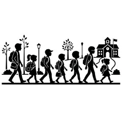 Obraz premium School children silhouette vector, students carrying backpacks and walking to school, isolated on white