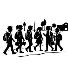 School children silhouette vector, students carrying backpacks and walking to school, isolated on white
