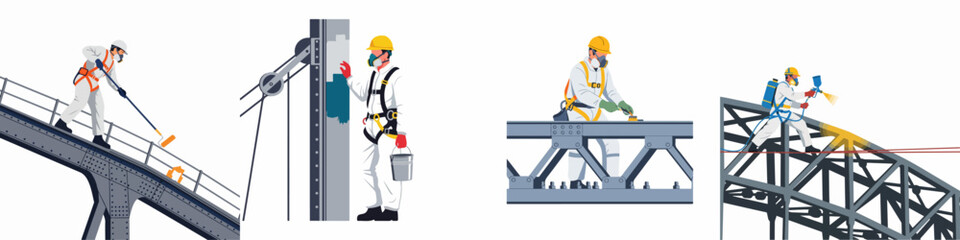 Naklejka premium Set of industrial painters in protective gear and safety harnesses painting steel structures with rollers, brushes, and spray guns on a white background.