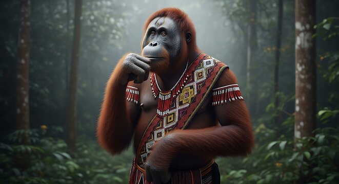 Anthropomorphic orangutan wearing traditional indigenous tribal clothing in a misty rainforest