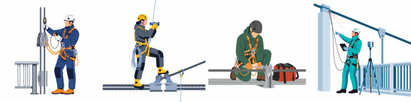 Industrial rope access and engineering maintenance illustration featuring workers in safety gear performing inspections and repairs on high-altitude cable systems
