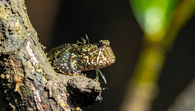 Close up of camouflaged chameleon on tree branch.