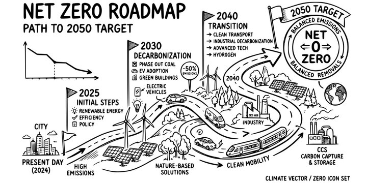 Net Zero Roadmap Sketch Black White-Milestone Carbon Reduction 2050 Target-Climate Vector-Zero Icon Sketch-Net Zero Design Set