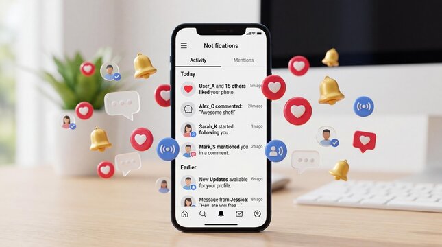 Smartphone displays social media notifications on screen with floating icons