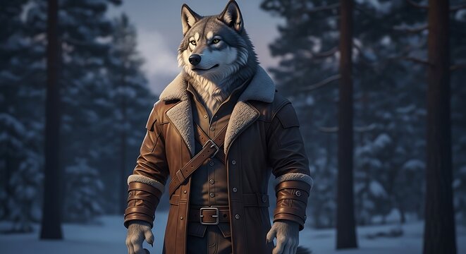 Anthropomorphic wolf warrior wearing a leather coat in a snowy forest