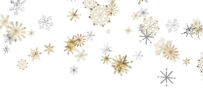Festive snowflakes floating on a white background, perfect for winter and holiday designs. Ideal fo