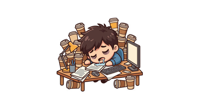 Tired student sleeping at desk surrounded by coffee cups and study materials.