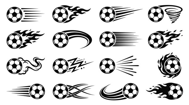 Black and white soccer balls with motion lines, fire trails, and tornado effects for dynamic sports branding, athletic action, and competitive game elements.