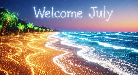 July summer beach sunset welcome greeting with palm trees.