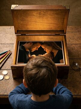 Child looking at family photo in wooden memory box on rustic table