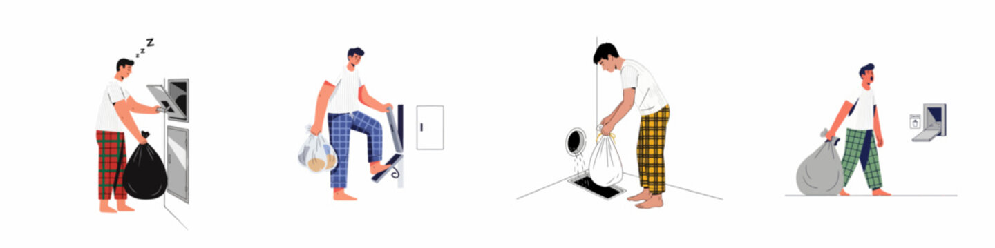 Set of illustrations showing a man in pajamas taking out the trash using various garbage chutes in an apartment building.