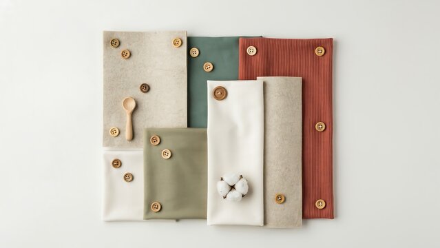 Colorful fabric cloth napkins with buttons and cotton on white background  household items