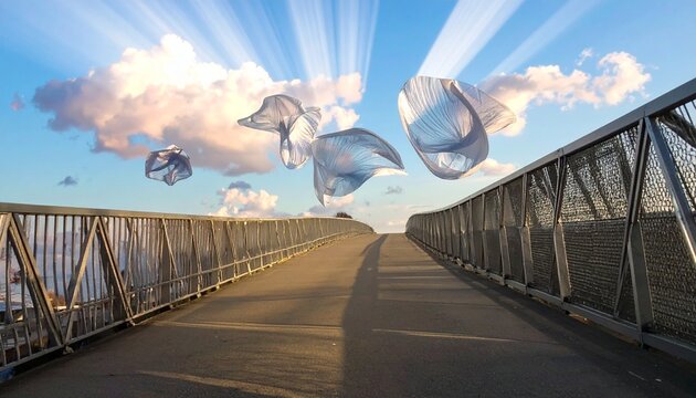 Surreal Curiosity Scene of Abstract Bubbles Floating Above a Metal Bridge Under a Blue Sky with Fluffy Clouds