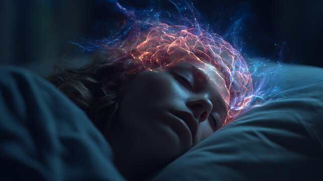 Conceptual illustration of brain activity during sleep, vivid dreaming and subconscious processes, symbolizing mental health, neuroscience, memory, cognition, imagination and wellness