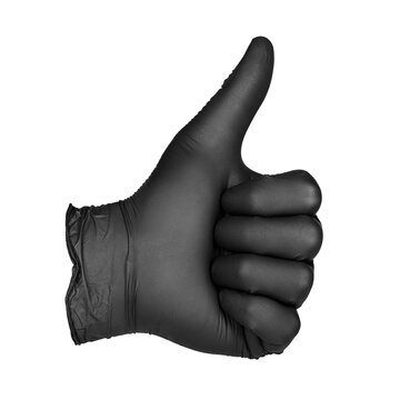 Hand wearing black glove making a positive thumbs up sign isolated. Transparent PNG image.