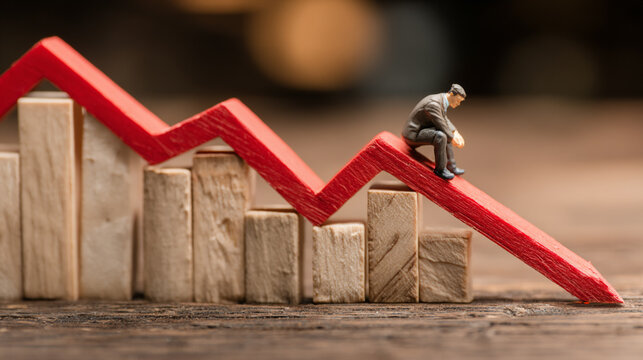 A miniature business figure sits pensively atop a declining graph, symbolizing market challenges and economic downturns
