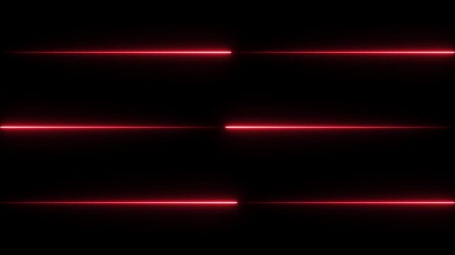 Six horizontal glowing neon red light lines arranged in three pairs, each with a distinct break in the middle, set against a deep black background, evoking a sense of digital structure