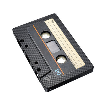 Black plastic audio cassette tape isolated. Transparent PNG image.