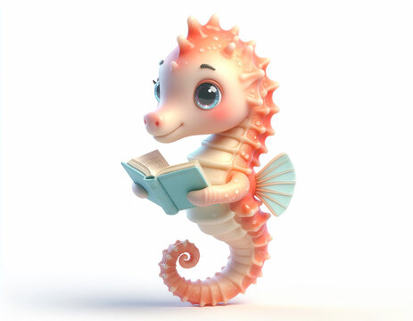 A cute cartoon seahorse reading a book in the ocean with coral and seaweed.