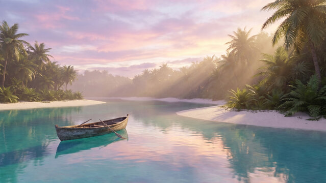 Dreamcore Ocean Escape
An ethereal beach landscape featuring crystal-clear aqua waters, a lone boat floating peacefully beside a curved shoreline, cotton-candy sky filled with pastel pink, vio