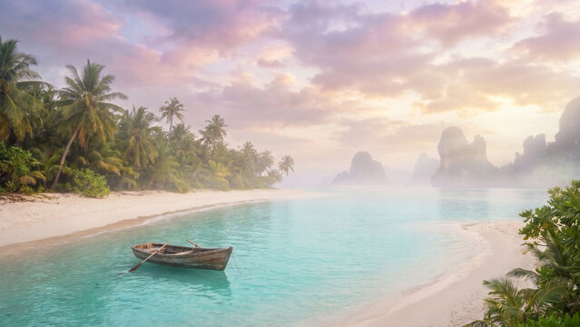 Dreamcore Ocean Escape
An ethereal beach landscape featuring crystal-clear aqua waters, a lone boat floating peacefully beside a curved shoreline, cotton-candy sky filled with pastel pink, vio