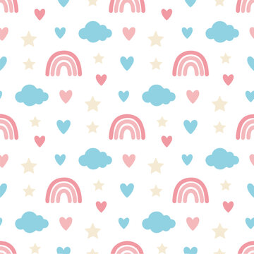 Cute seamless pattern with rainbows, clouds, hearts, and stars in soft pastel colors on a transparent background