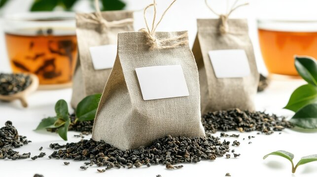 Assortment of organic herbal tea bags in fabric pouches with blank labels and loose leaf tea on white surface