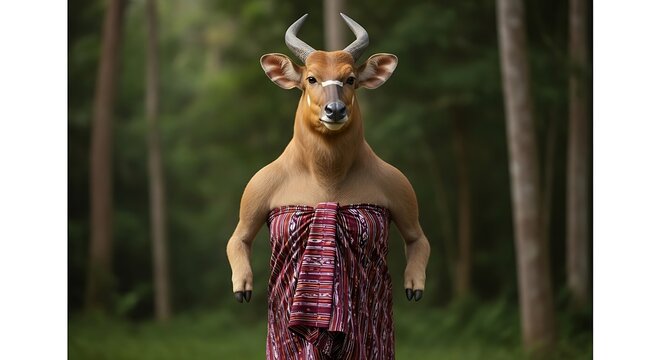 Surreal anthropomorphic banteng creature in traditional sarong standing in lush jungle clearing, a unique blend of nature and culture