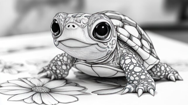 Adorable baby turtle with big eyes standing on a daisy-patterned sheet, grayscale image