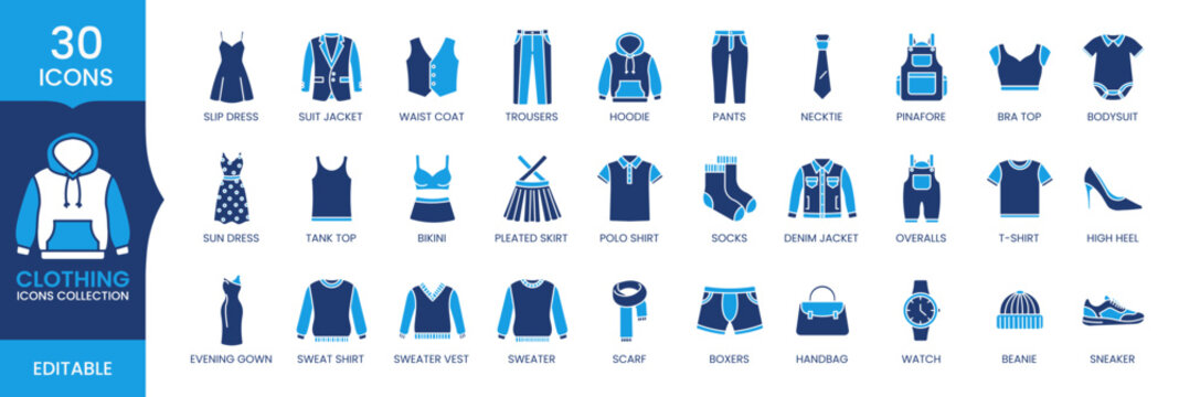 Clothing Fashion Icons Set, Apparel Garment Wear Editable Vector Collection, Outfit Accessories Flat Icons Pack