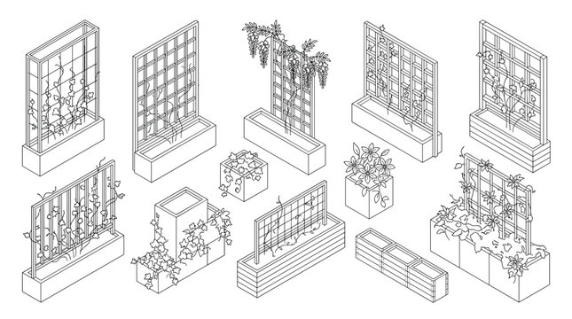 Wooden garden trellis structures with climbing vines and potted plants in a clean isometric line art drawing style.