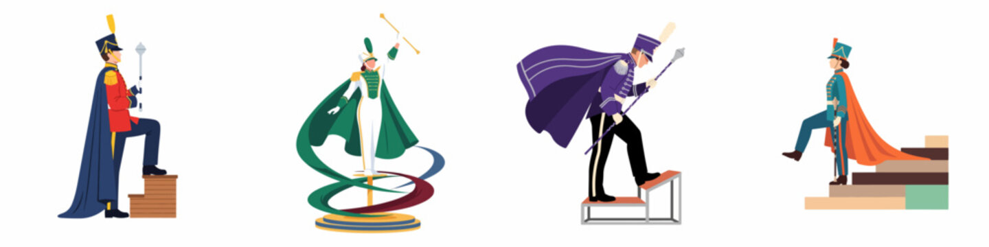 Set of Four Detailed Drum Major Character Illustrations in Various Uniforms and Poses with Capes and Batons on White Background