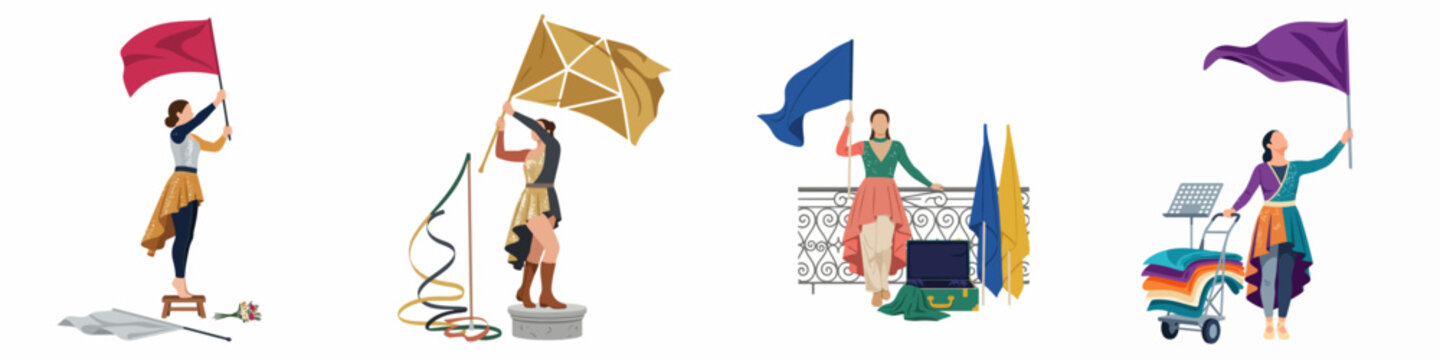 Vector illustration set of color guard performers in colorful costumes waving flags and preparing for a performance on a white background.