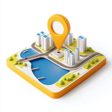 3D isometric city map with large location pin icon, skyscrapers, bridge, and river isolated on white background