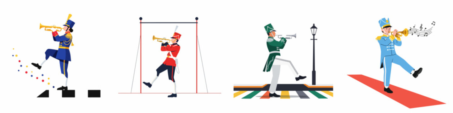 Collection of Flat Vector Illustrations Featuring Marching Band Trumpet Players in Diverse Uniforms and Stylized Settings