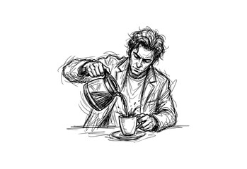 Obraz premium Man Pouring Coffee Sketch