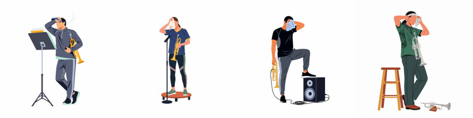 Flat vector illustration set of tired trumpet players wiping sweat from their foreheads after an intense practice session or performance. © Selfi