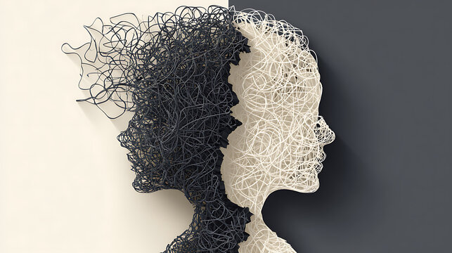 Abstract human profile with tangled and untangled lines symbolizing mental health, emotional transformation, anxiety recovery, inner balance, psychotherapy, healing and resilience