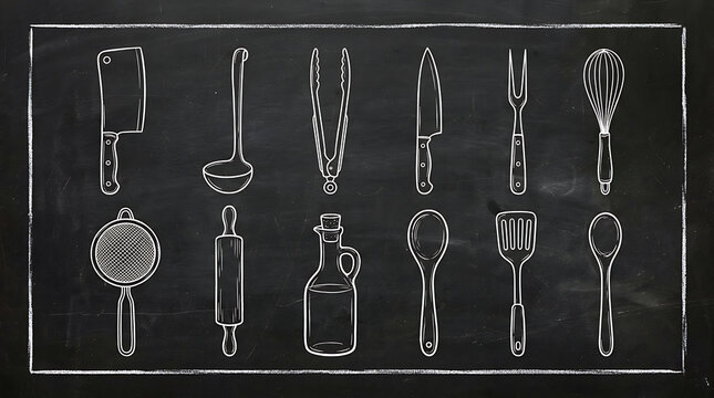 Cooking tools chalk illustration with hand drawn kitchen utensils on a vintage blackboard