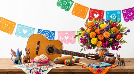 Naklejka premium Vibrant Cultural Festival Setup Featuring Traditional Folk Art, Musical Instruments, Bright Flowers, and Decorative Banners, Evoking a Joyful Celebration