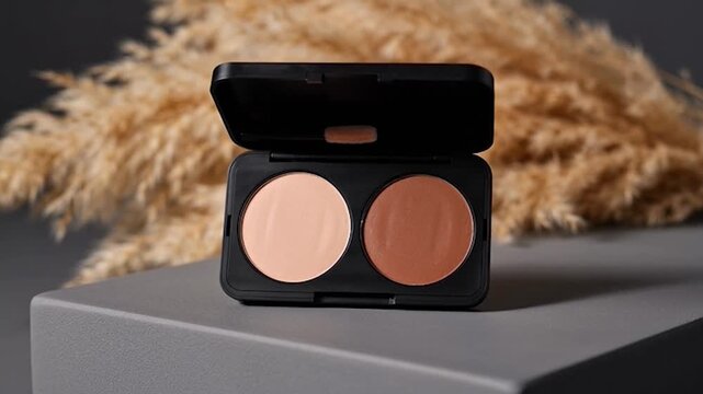 Makeup contour palette on a grey podium with pampas grass
