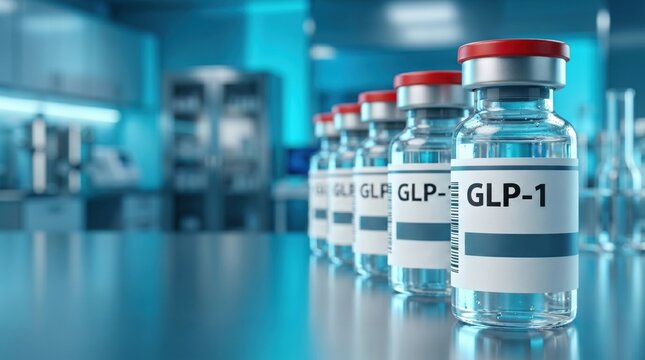 GLP-1 medication vials in pharmaceutical laboratory. Weight loss treatment, diabetes management, obesity therapy, metabolic health and modern drug development concept. Medical banner with copy space