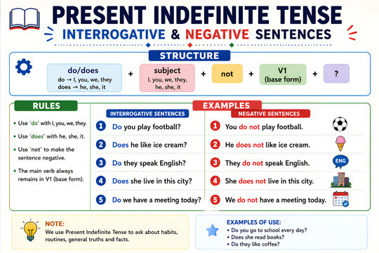 Present Simple Tense Interrogative Negative Sentences Grammar Poster