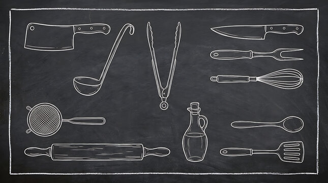 Hand Drawn Kitchen Utensils and Cooking Tools Sketch on a Blackboard Background